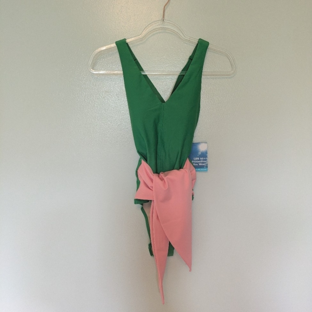 Coolibar Breakwater Wrap Swimsuit Palm Green Pink Sash Upf New Small